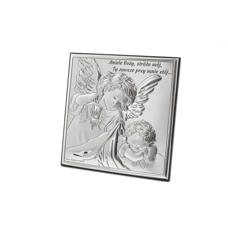 Silbernes Bild Engel mit Laterne über dem Kind Größe 12x12cm - 6730S/2X