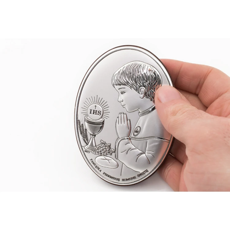Silbernes Bild Erinnerung an die Erste Heilige Kommunion für Jungen Größe 7x10cm - DS05/1O