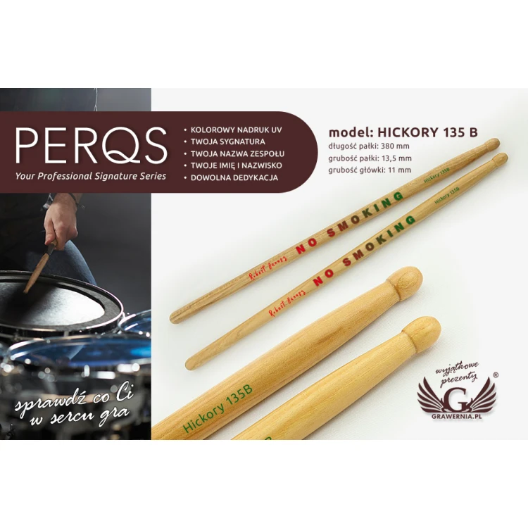 Schlagzeugstöcke PERQS HICKORY 135B mit individuellem Druck - Geschenk für Schlagzeuger