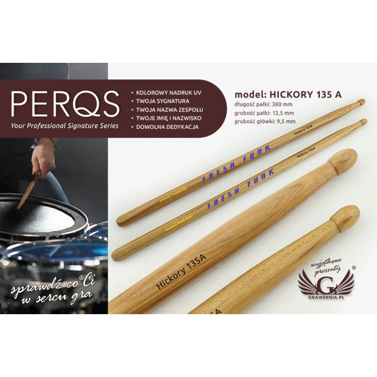 Schlagzeugstöcke PERQS HICKORY 135A mit beliebigem Druck oder Gravur - Geschenk für den Schlagzeuger