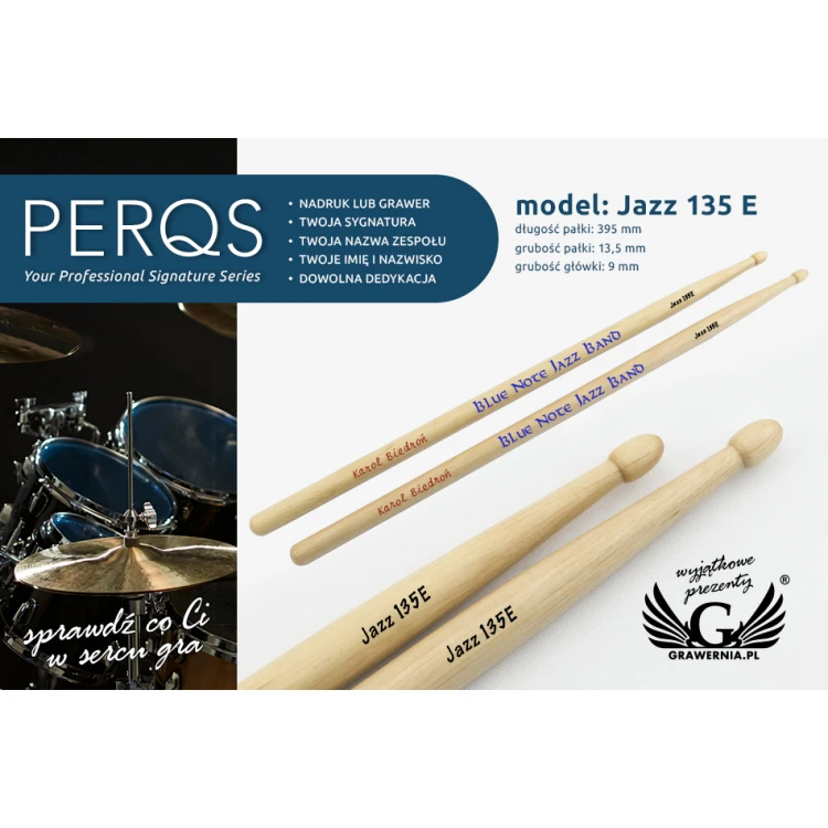Schlagzeugstöcke PERQS JAZZ 135E mit individuellem Druck oder Gravur - Geschenk für Schlagzeuger
