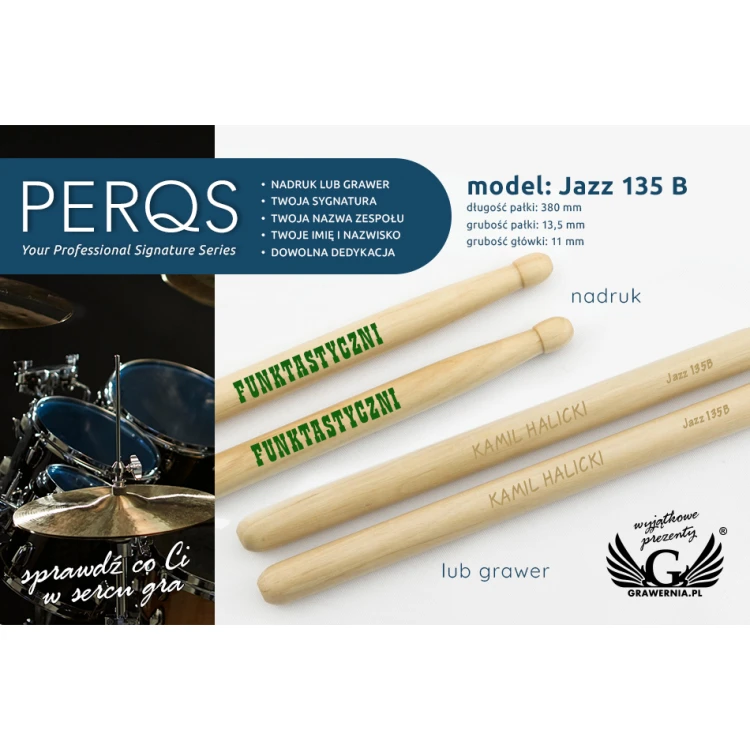 Schlagzeugstöcke PERQS JAZZ 135B mit individuellem Druck oder Gravur - Geschenk für Schlagzeuger