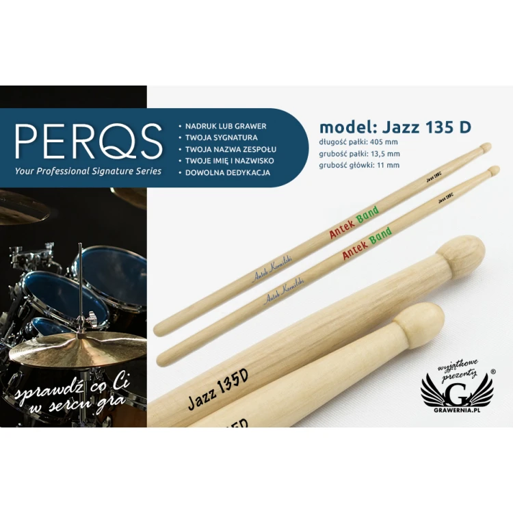 Schlagzeugstöcke PERQS JAZZ 135D mit individuellem Druck oder Gravur - Geschenk für Schlagzeuger