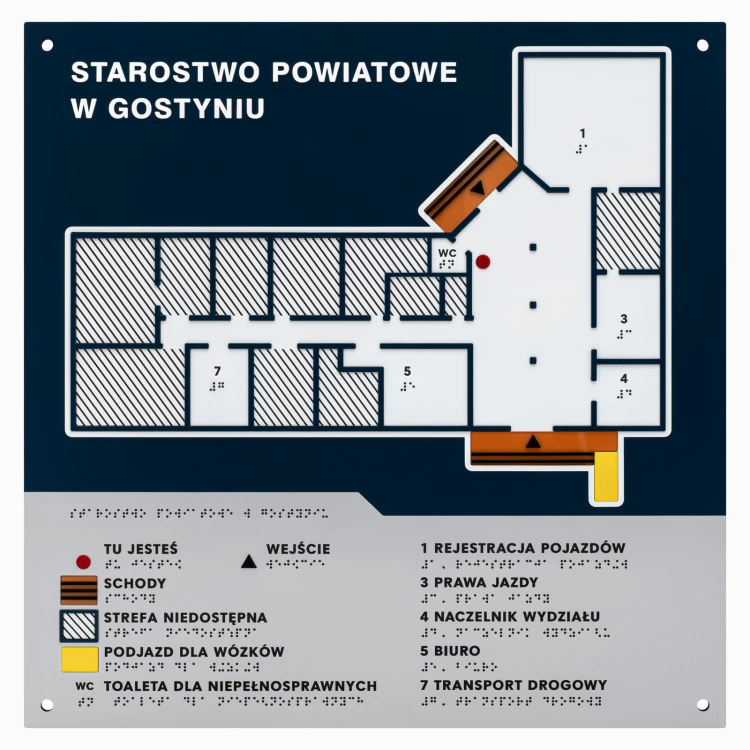 Braille-Fliesenplan - PVC hart, ADA-Kunststoff, Laminat und Acryl - Abmessung 475x480 mm - TAB675