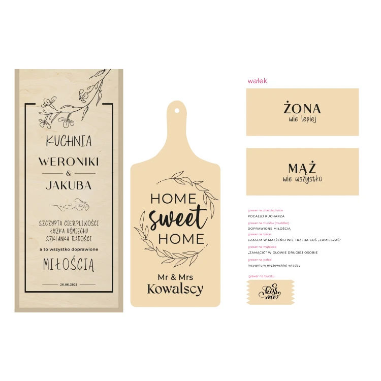 Geschenk für das junge Paar - Nudelholz, Brett, Löffel, Schläger, Sieb, Stößel, Muddler - PDM003