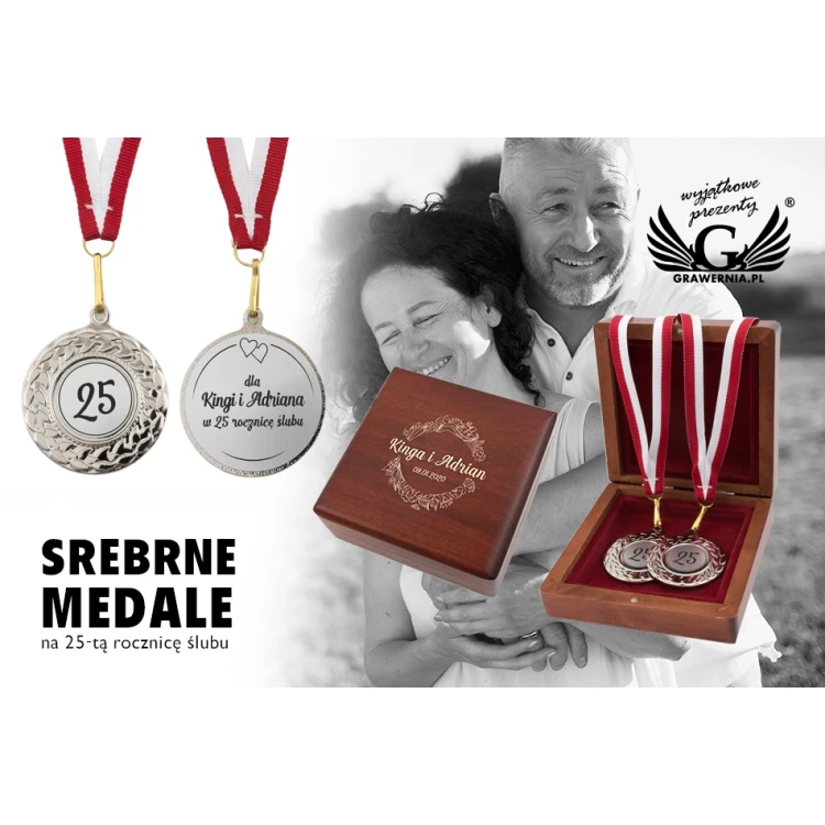 Silberne Medaillen zum 25. Silberhochzeitstag - Set in Holzkassette - MGR004
