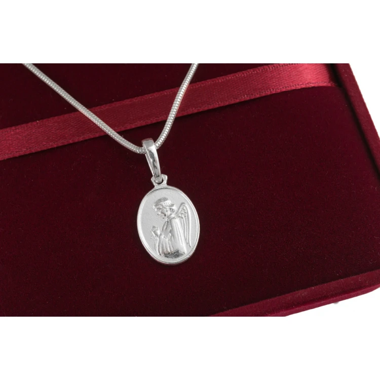 Silberner Medaillon mit Kette - Schutzengel mit individueller Gravur - SRB047