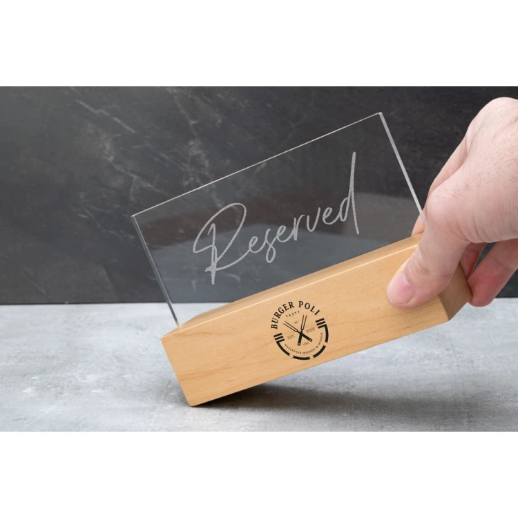 Reservierungsständer - farbloses Plexiglas auf Holzsockel - ST038