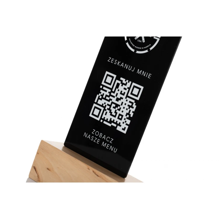 Informationsständer mit QR-Code - schwarzes Plexiglas auf Holzsockel - ST027