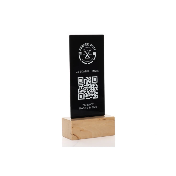 Informationsständer mit QR-Code - schwarzes Plexiglas auf Holzsockel - ST027