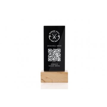 Informationsständer mit QR-Code - schwarzes Plexiglas auf Holzsockel - ST027