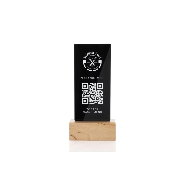 Informationsständer mit QR-Code - schwarzes Plexiglas auf Holzsockel - ST027