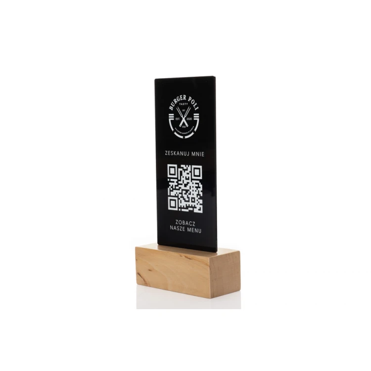 Informationsständer mit QR-Code - schwarzes Plexiglas auf Holzsockel - ST027