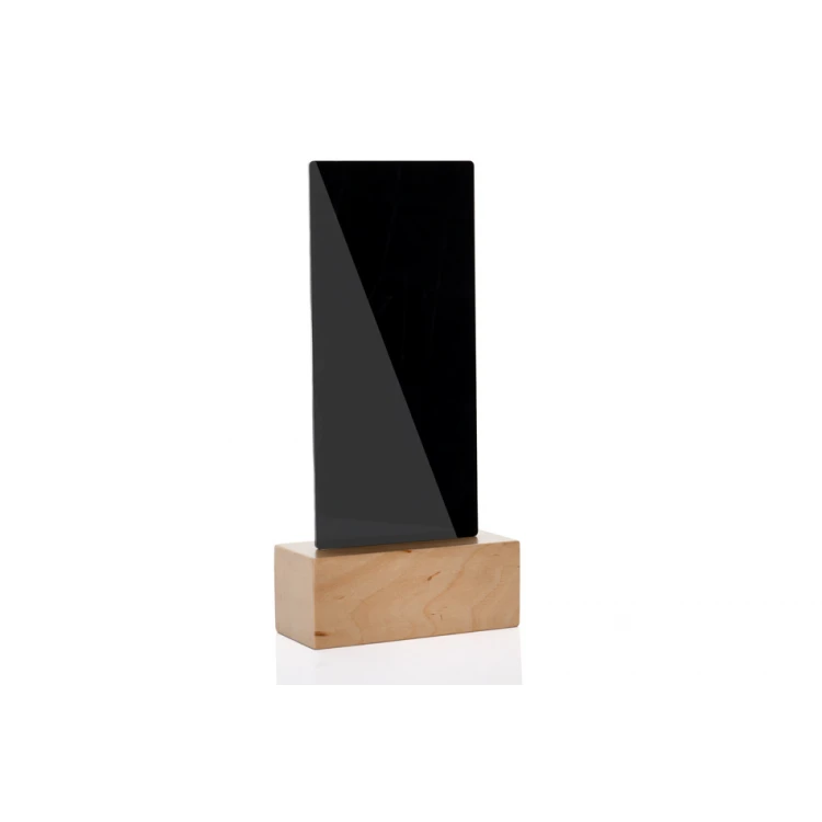 Informationsständer mit QR-Code - schwarzes Plexiglas auf Holzsockel - ST027