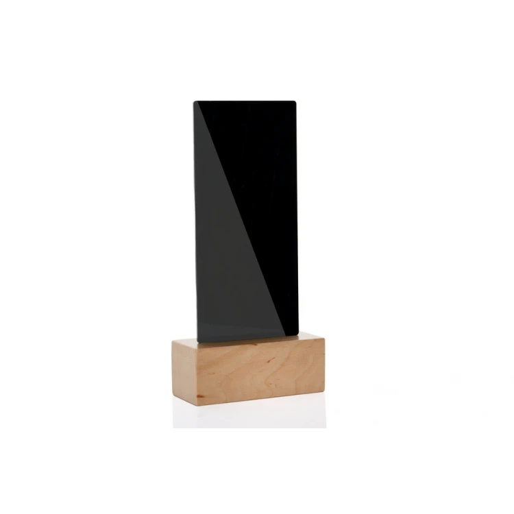 Informationsständer mit QR-Code - schwarzes Plexiglas auf Holzsockel - ST030