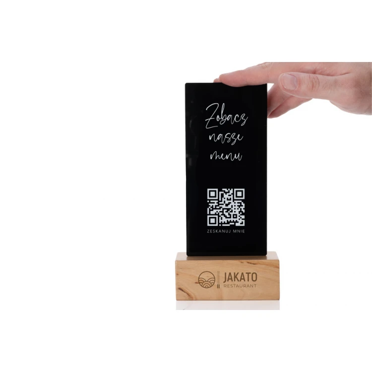 Informationsständer mit QR-Code - schwarzes Plexiglas auf Holzsockel - ST030