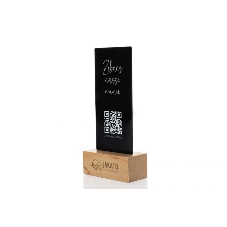 Informationsständer mit QR-Code - schwarzes Plexiglas auf Holzsockel - ST030