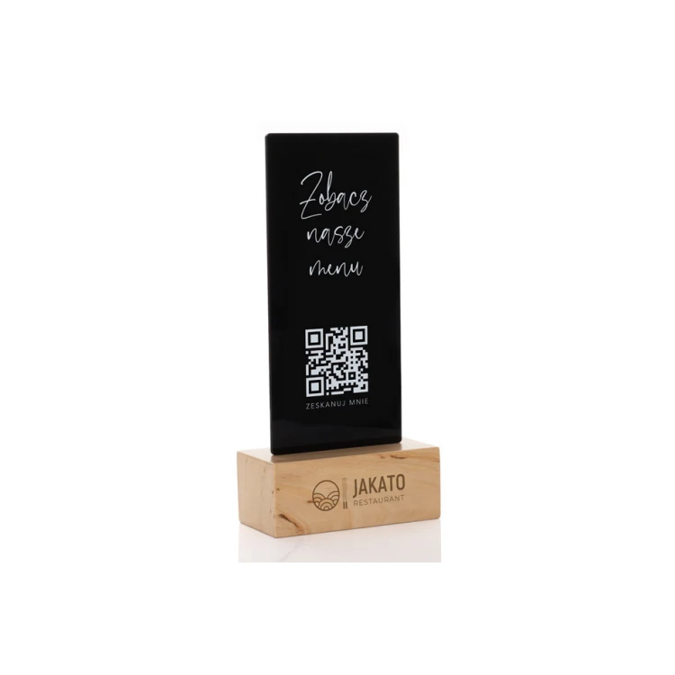 Informationsständer mit QR-Code - schwarzes Plexiglas auf Holzsockel - ST030