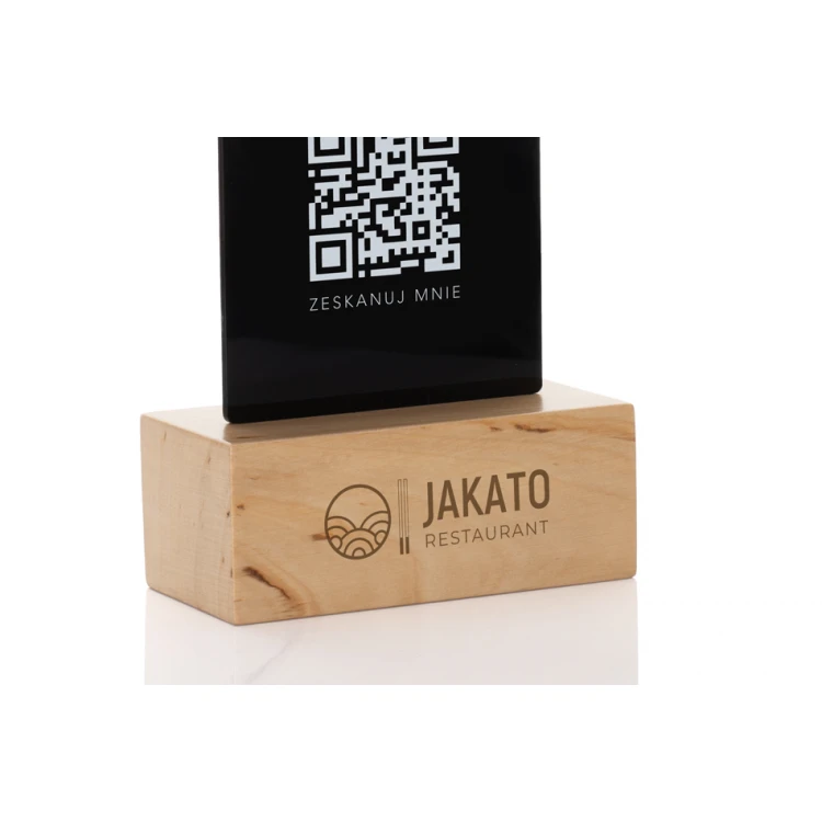 Informationsständer mit QR-Code - schwarzes Plexiglas auf Holzsockel - ST030