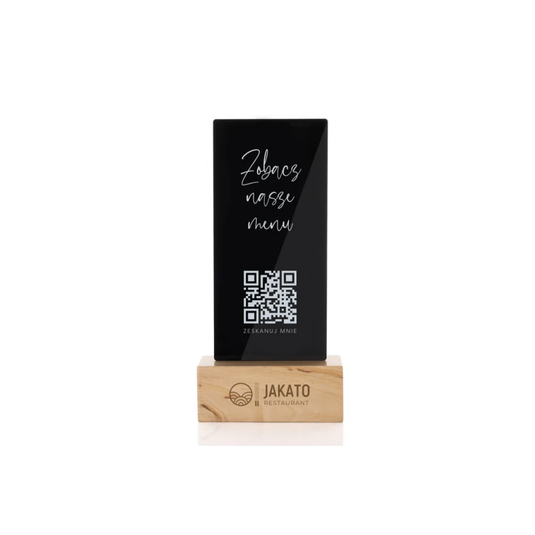 Informationsständer mit QR-Code - schwarzes Plexiglas auf Holzsockel - ST030