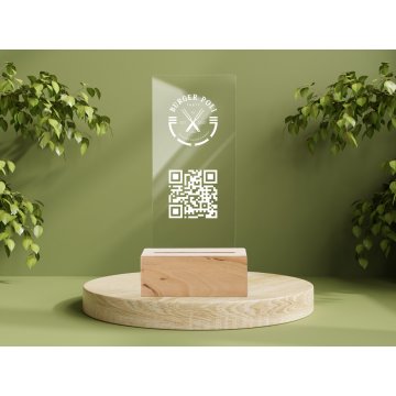 Informationsständer mit QR-Code - farbloses Plexiglas auf Holzsockel - ST033