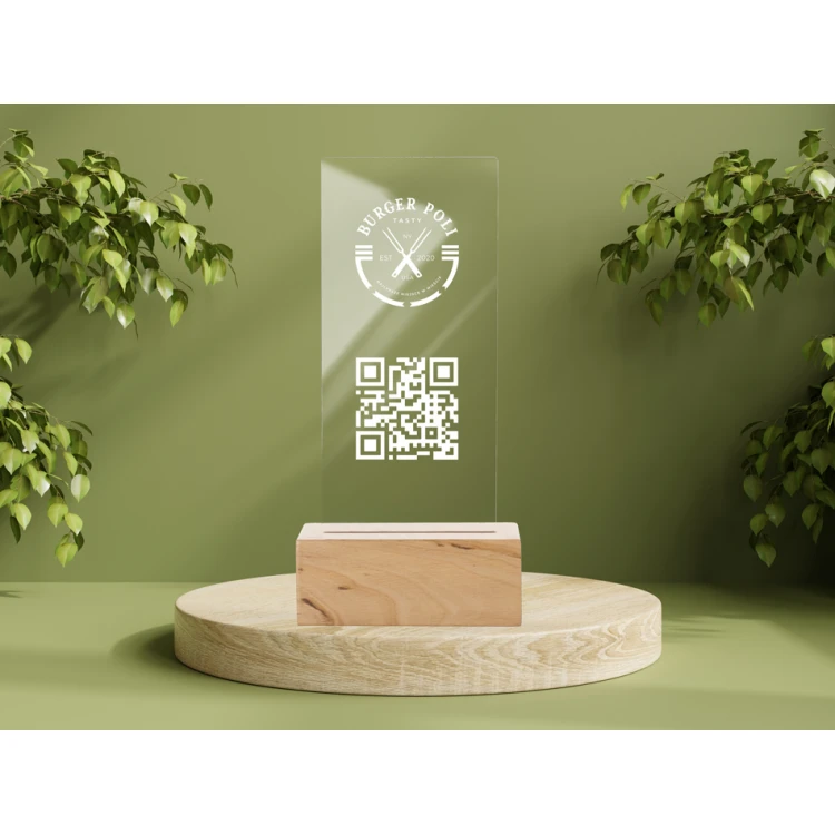 Informationsständer mit QR-Code - farbloses Plexiglas auf Holzsockel - ST033