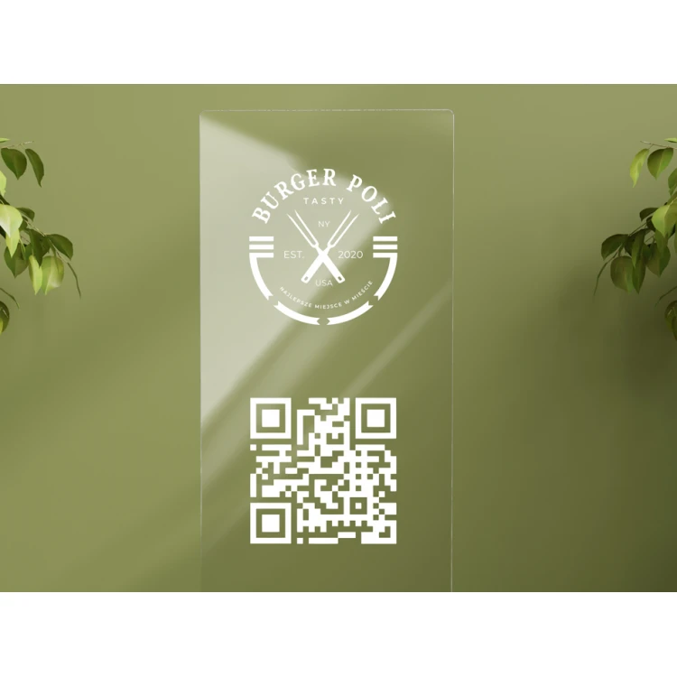 Informationsständer mit QR-Code - farbloses Plexiglas auf Holzsockel - ST033