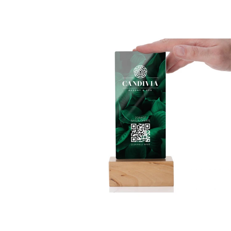 Informationsständer mit QR-Code - farbloses Plexiglas auf Holzsockel - ST034