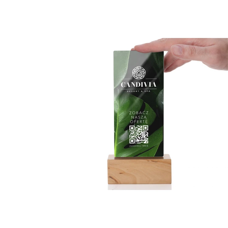 Informationsständer mit QR-Code - farbloses Plexiglas auf Holzsockel - ST035