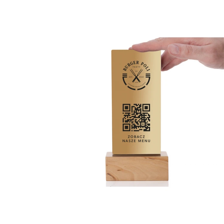 Informationsständer mit QR-Code - goldene Plexiglas auf Holzsockel - ST049