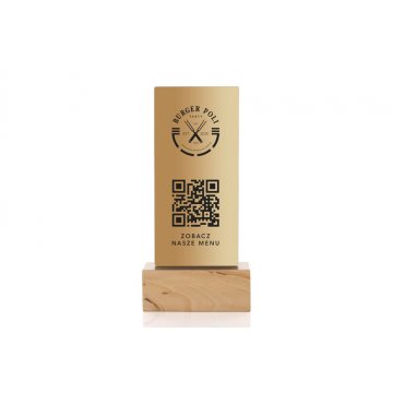 Informationsständer mit QR-Code - goldene Plexiglas auf Holzsockel - ST049