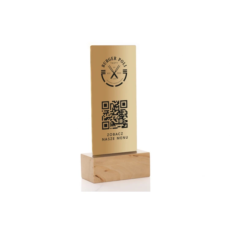 Informationsständer mit QR-Code - goldene Plexiglas auf Holzsockel - ST049