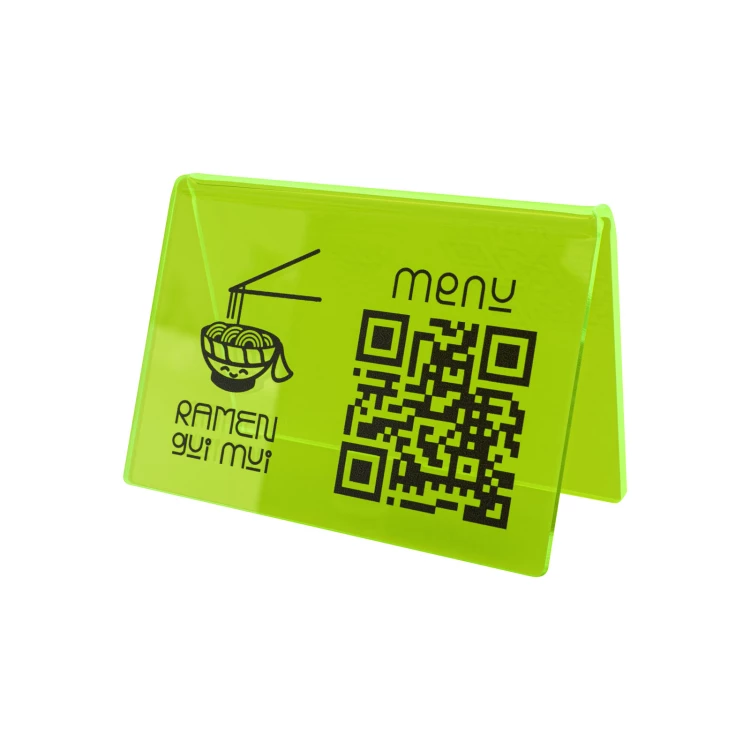 Menüständer mit QR-Code - neongrünes Acryl mit UV-Druck - Größe 100x70mm - ST073