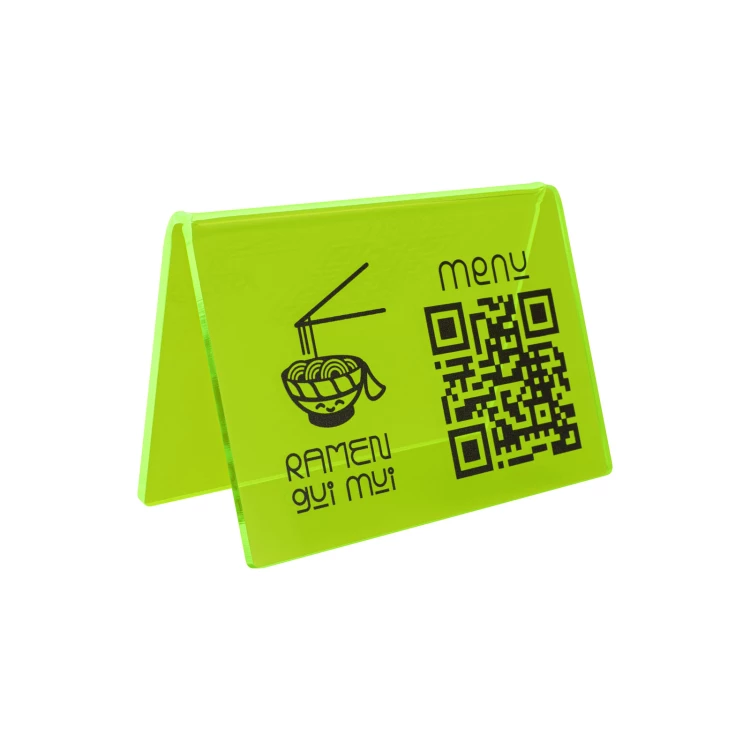 Menüständer mit QR-Code - neongrünes Acryl mit UV-Druck - Größe 100x70mm - ST073