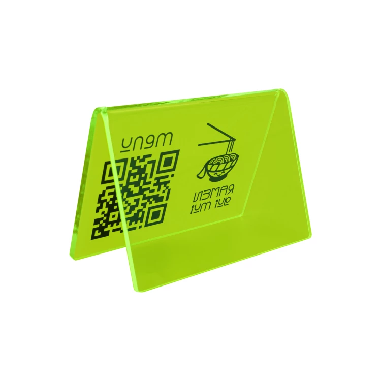 Menüständer mit QR-Code - neongrünes Acryl mit UV-Druck - Größe 100x70mm - ST073