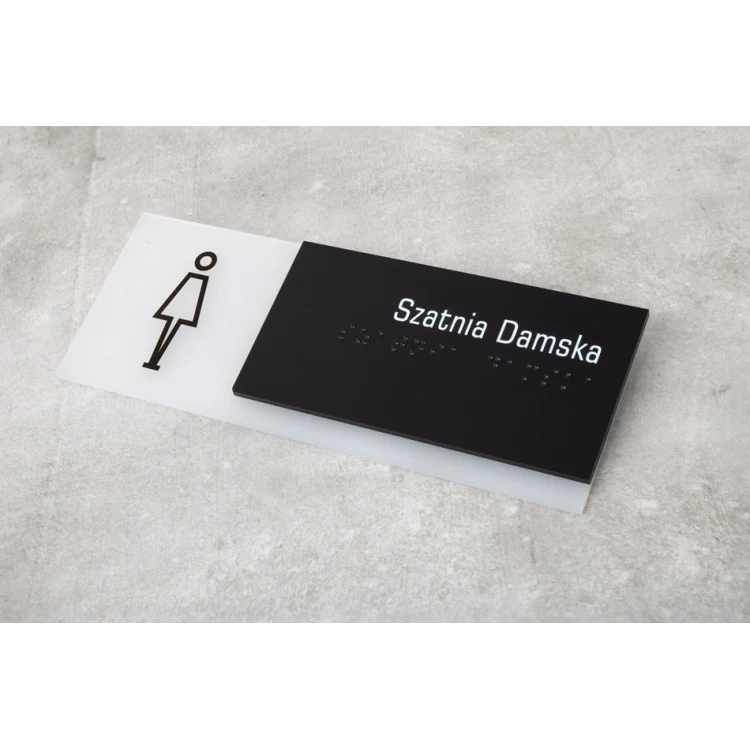 Damen Garderobe - Schild mit Braille-Schrift für Tür oder Wand - mattes Plexiglas und schwarzes ADA Maße 200x75mm - TAB282