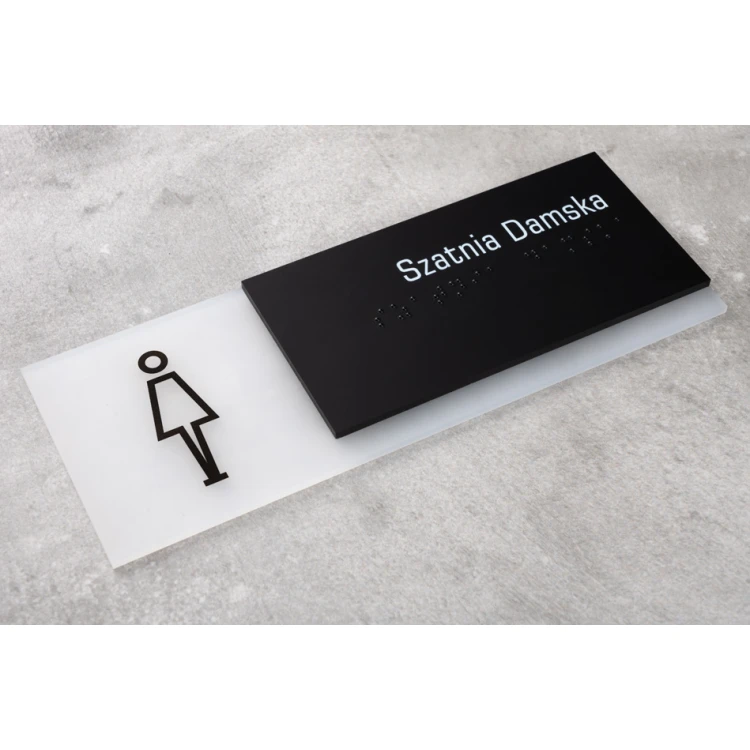 Damen Garderobe - Schild mit Braille-Schrift für Tür oder Wand - mattes Plexiglas und schwarzes ADA Maße 200x75mm - TAB282