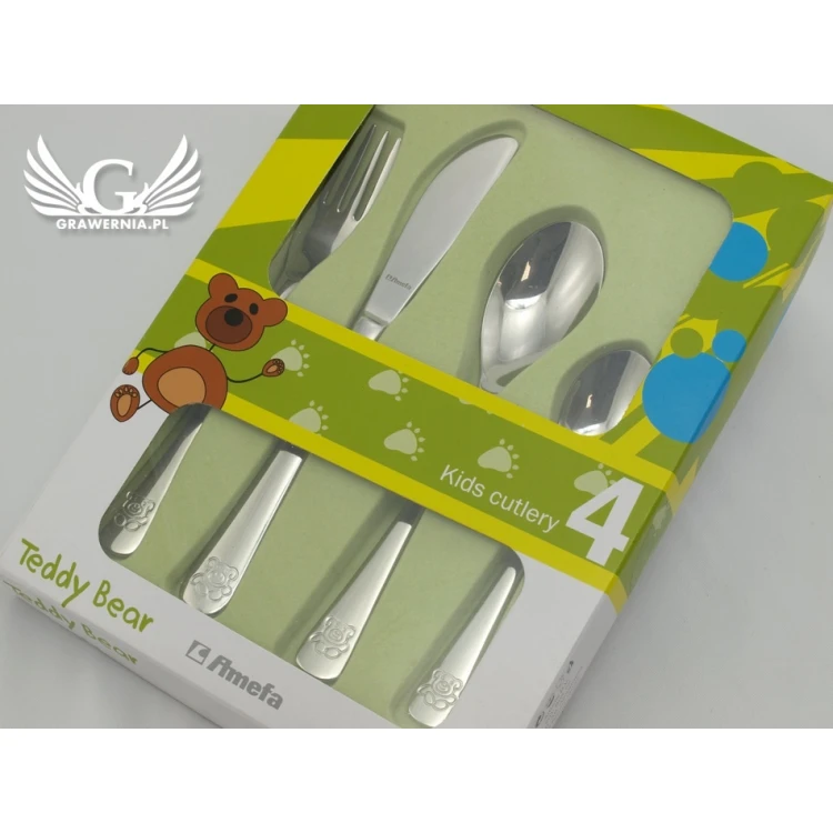 Amefa Teddy Bear Besteck mit individueller Gravur - Exklusives 4-teiliges Kinder-Set - ZSZ003