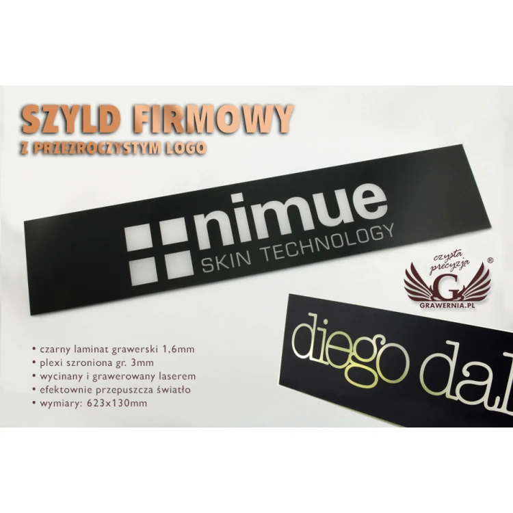 Firmenschild schwarz mit transparentem Logo - SZ090 - Abmessungen 623x130mm