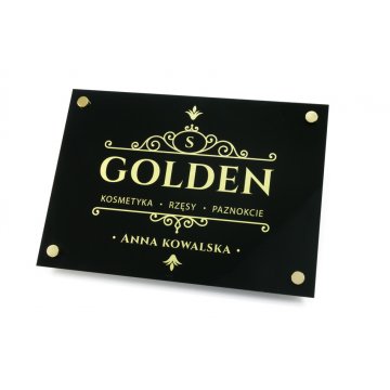 Firmenschild - gebürstetes Gold Dibond 3mm und Acryl - UV-Druck - Abmessungen 420x297mm (A3) - SZUV019
