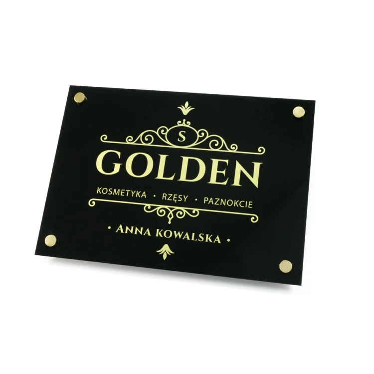 Firmenschild - gebürstetes Gold Dibond 3mm und Acryl - UV-Druck - Abmessungen 420x297mm (A3) - SZUV019