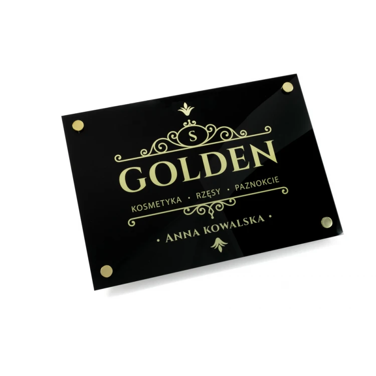 Firmenschild - gebürstetes Gold Dibond 3mm und Acryl - UV-Druck - Abmessungen 420x297mm (A3) - SZUV019