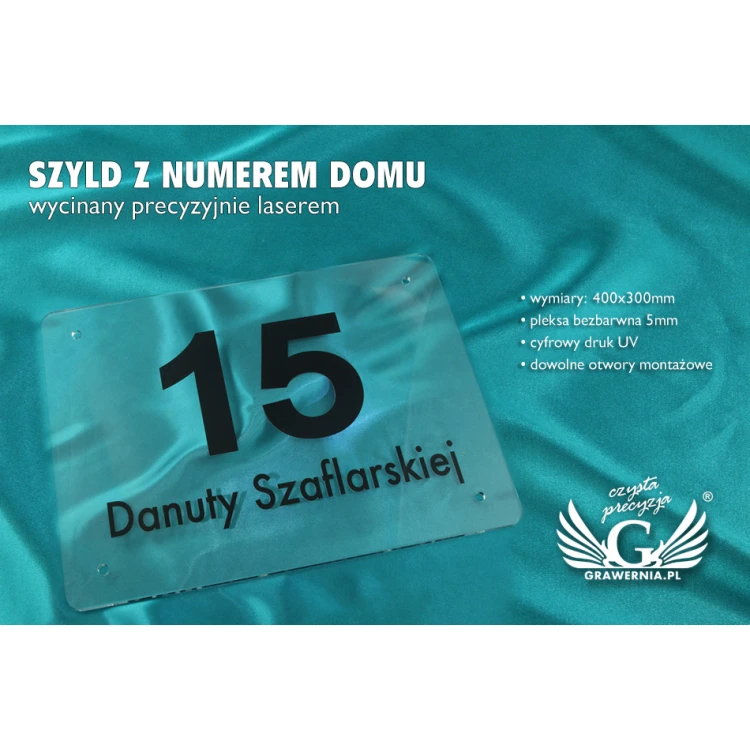 Hausnummernschild - farbloses Plexiglas 5mm - UV-Druck - SZ096 - Abmessungen 400x300mm