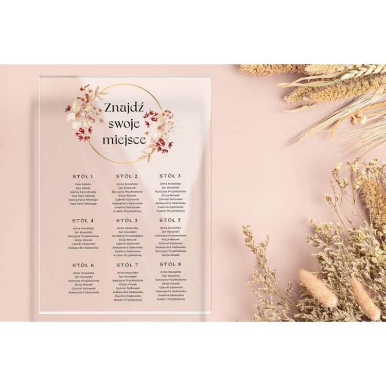 Hochzeitstafel mit Tischordnung - Plexiglas 5mm mit UV-Druck - Abmessungen 500x700mm - TNS009