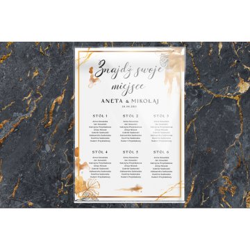Hochzeitstafel mit Tischordnung - Plexiglas 5mm mit UV-Druck - Abmessungen 500x700mm - TNS010