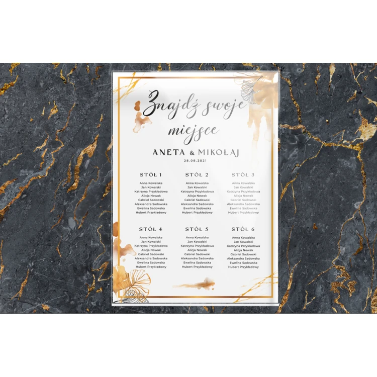 Hochzeitstafel mit Tischordnung - Plexiglas 5mm mit UV-Druck - Abmessungen 500x700mm - TNS010