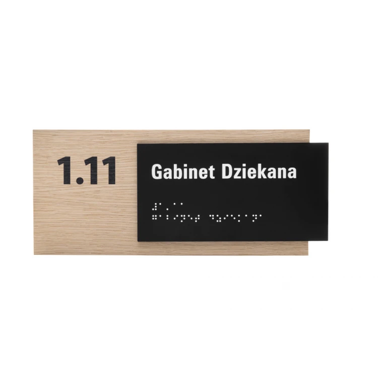 Plakette mit beliebigem Text und Braille-Schrift - Eichenfurnierplatte und mattes schwarzes Acryl - Abm. 262x118mm - TAB400