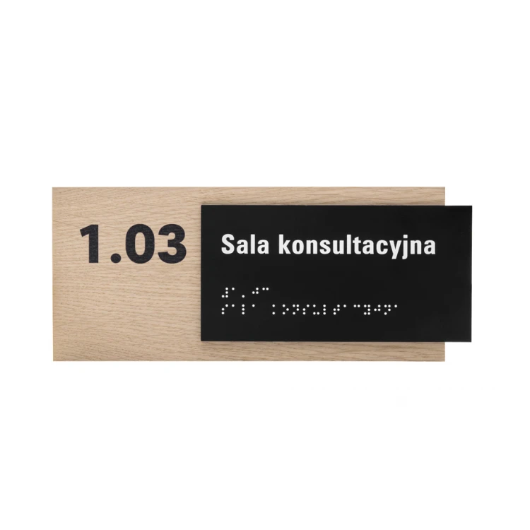 Plakette mit beliebigem Text und Braille-Schrift - Eichenfurnierplatte und mattes schwarzes Acryl - Abm. 262x118mm - TAB400