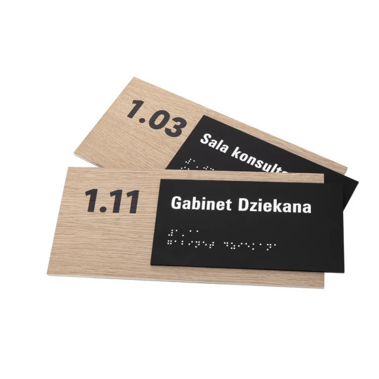Plakette mit beliebigem Text und Braille-Schrift - Eichenfurnierplatte und mattes schwarzes Acryl - Abm. 262x118mm - TAB400