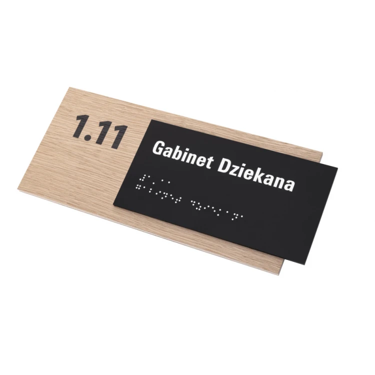 Plakette mit beliebigem Text und Braille-Schrift - Eichenfurnierplatte und mattes schwarzes Acryl - Abm. 262x118mm - TAB400